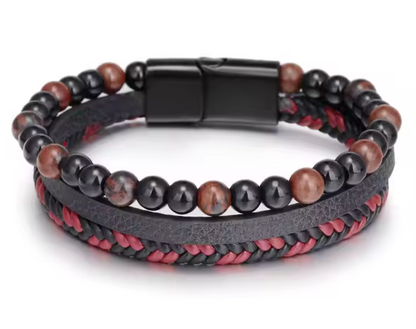 Zwarte/Rode Lederen Armband met Obsidiaan en Mahonie Obsidiaan