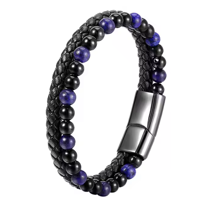 Leren Zwarte Armband met Zwarte Obsidiaan en Lapis Lazuli