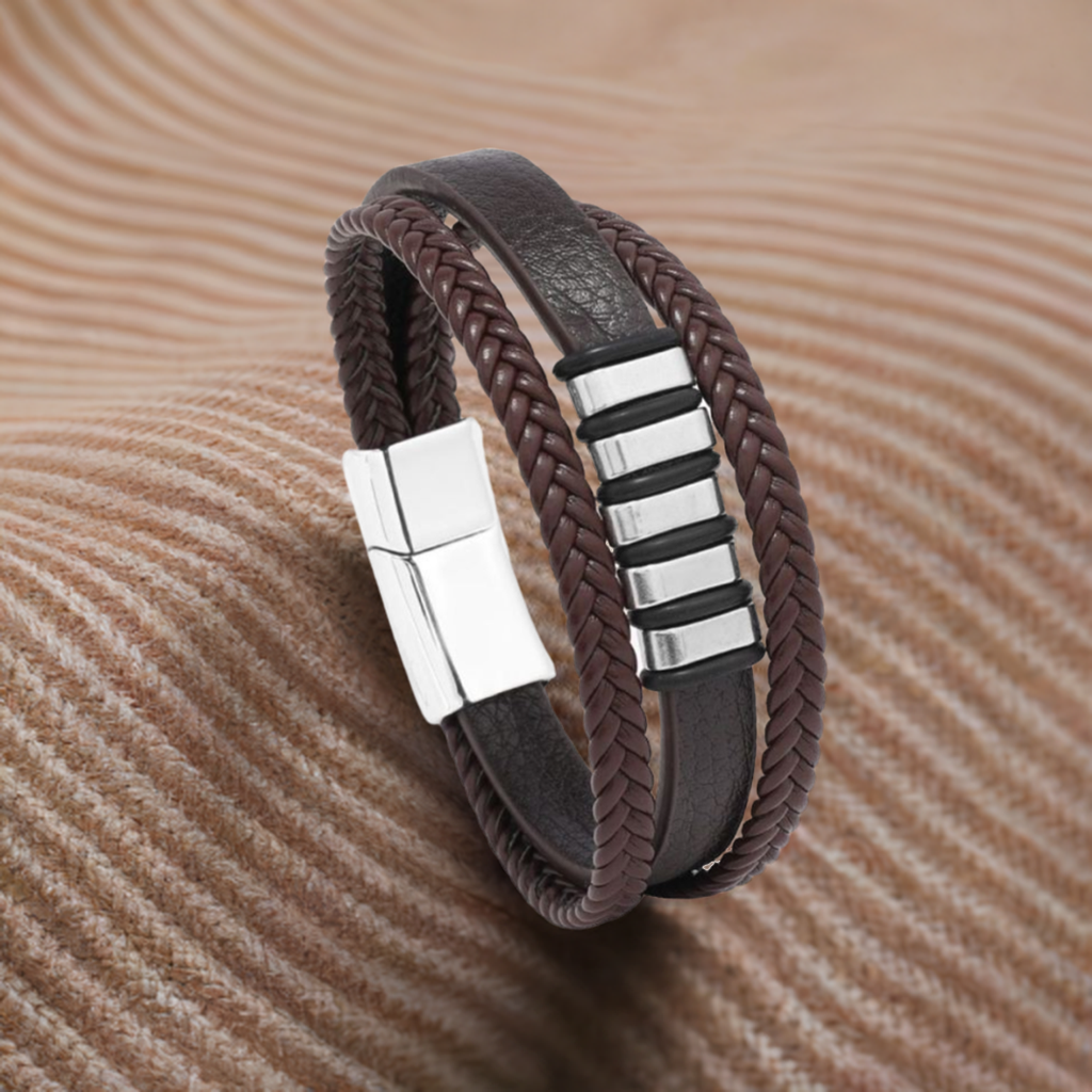 Bruine leren armband met RVS magneten sluiting