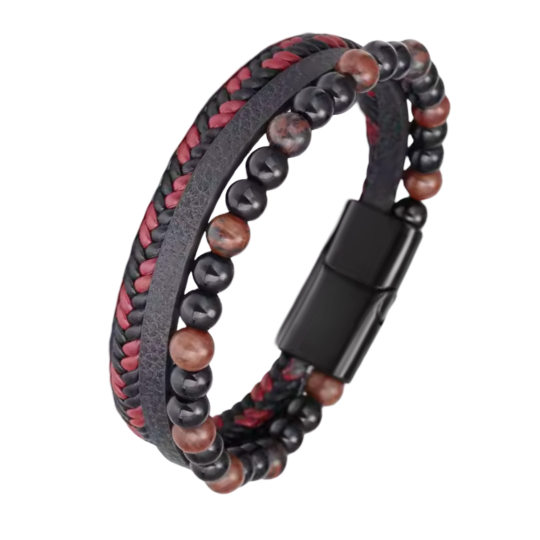Zwarte/Rode Lederen Armband met Obsidiaan en Mahonie Obsidiaan